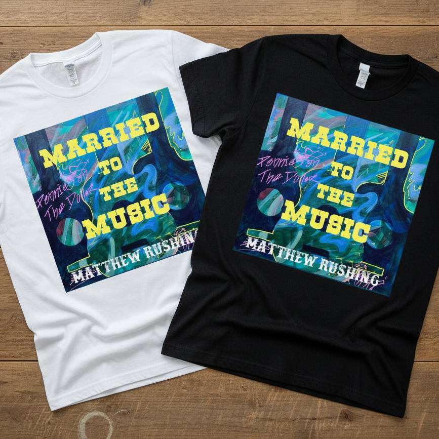 Married to the Music shirts on table